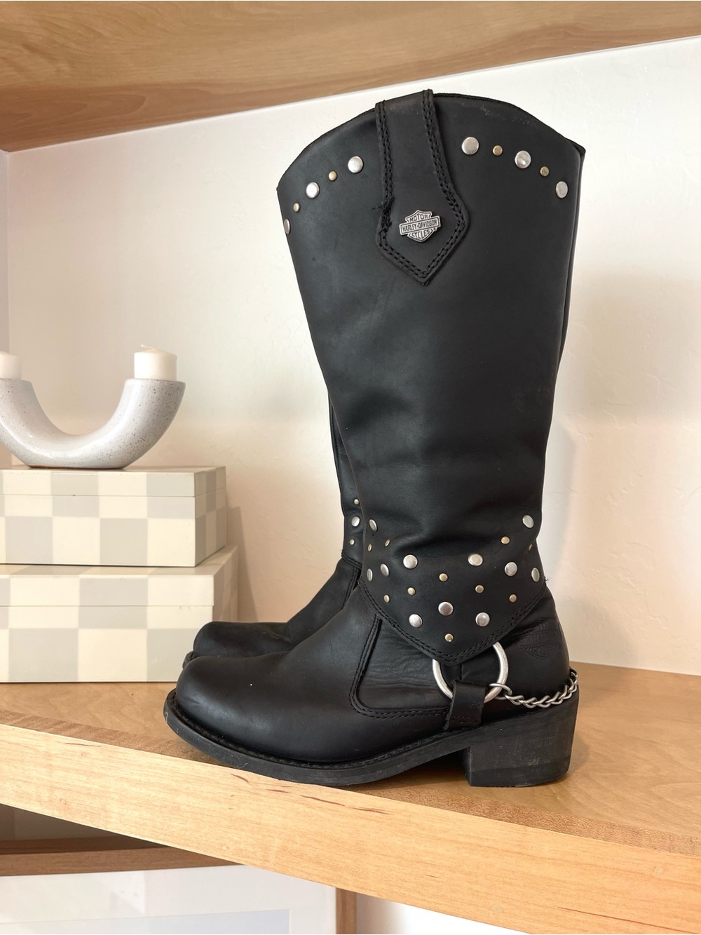 Harley-Davidson Haddington 13” Black Leather Studded Chain Motorcycle Boots 6.5
